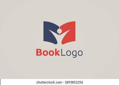 Education Logo. Blue and Red Shape Open Book Icon with Negative Space People Symbol inside isolated on Vintage Background. Flat Vector Logo Design Template Element.