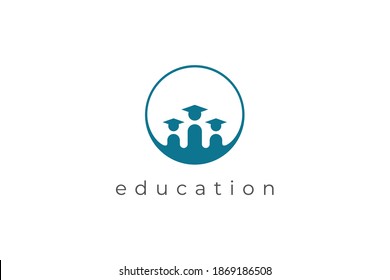 Education logo. Blue Shape Happy Graduated Students Linked with Circle Line Frame isolated on White Background. Flat Vector Logo Design Template Element.