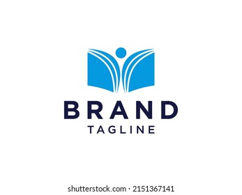 Education Logo. BlueShape Open Book Icon with Negative Space People Symbol inside isolated on White Background. Flat Vector Logo Design Template Element.