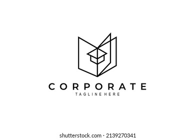 Education logo with book and bachelor hat in simple line design style. School, university, science, course and study icon design.