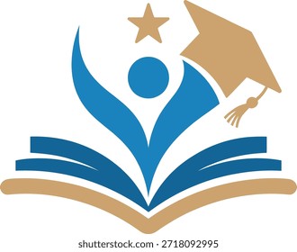 Education Logo with Book and Graduation Cap, Modern Flat Design
