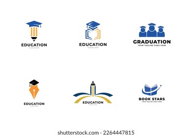 Education logo book, pencil, earth, toga, people vector template.