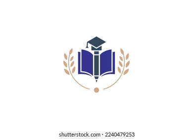 Logo educativo con símbolo de diseño de sombrero toga, papel y libro