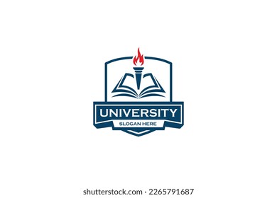 education logo with book and torch. education university and college school academy institute club logo. learning logo emblem style