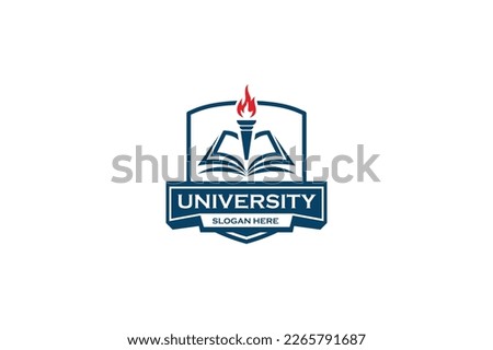 education logo with book and torch. education university and college school academy institute club logo. learning logo emblem style