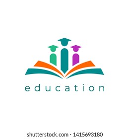Education Logo. Colorful Open Book Icon with Students Symbol isolated on White Background. Flat Vector Logo Design Template Element.
