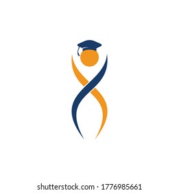 Concepto del logotipo educativo con tapa de graduación, plantilla de ilustración vectorial. Gente feliz salta con gorra de graduación.