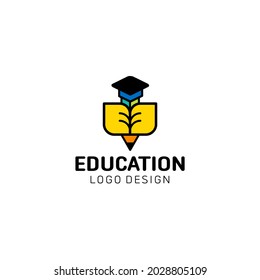Concepto del logotipo educativo con tapa de graduación y estacionario. Material vectorial. Diseño gráfico de ilustración.