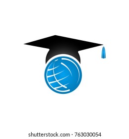 Education logo concept with graduation cap and globe, vector illustration template