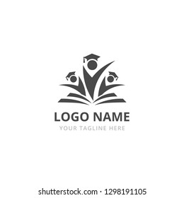 Education logo concept. Open book logo. Happy people logotype. Knowledge, graduation cap icon. 