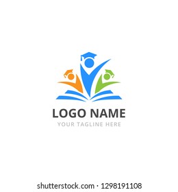 Education logo concept. Open book logo. Happy people logotype. Knowledge, graduation cap icon. 