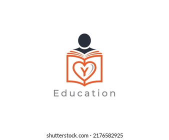 Education Logo Concept sign icon symbol Design with Letter Y. Book with Heart Logo Design. Vector illustration logo template