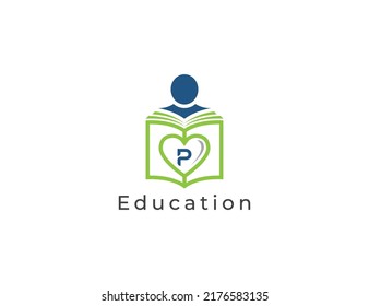 Education Logo Concept sign icon symbol Design with Letter P. Book with Heart Logo Design. Vector illustration logo template