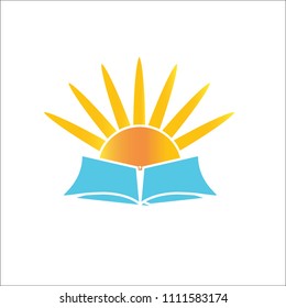 Education Logo Concept with Yellow and Blue Colour . Used for University or School Designs. Knowledge Icon with Book and Sun Design Isolated on White Background