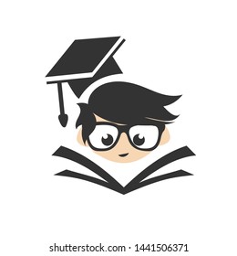 Education logo. Cool kids reading a book logo with cap cartoon illustration isolated on white background