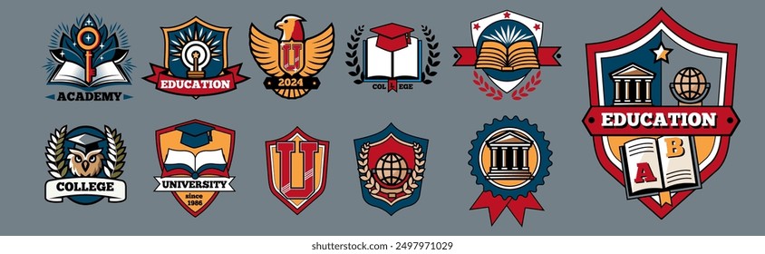 Education logo. Degree teacher. Business school icon. University badge. Abstract book color symbol. Successful student. College emblem. Graduation hat. Academy design. Vector graphic line signs set