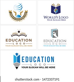 Education logo design with book people cap graduation and world vector suitable for school private teacher company institution