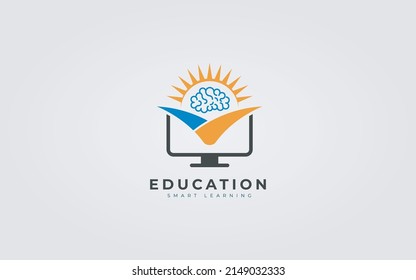 Education Logo Design Concept For Light Bulb, Computer, Books, And Human Brain