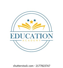 Education logo design emblem book logo vector star icon educational logo template academy logo blue and yellow design