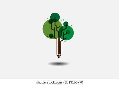 education logo design idea. combination of pencil tree. usable logo for business. education conference. community, technology logo design template illustration. there are pen and tree