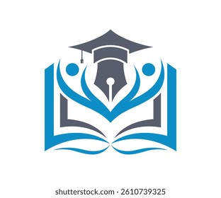 Education Logo Design and Learning Concept with Graduate Cap Pen and Open Book