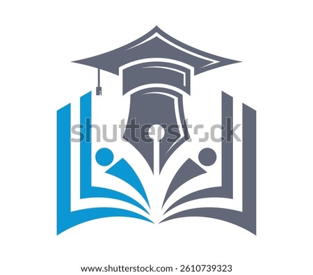 Education Logo Design and Learning Concept with Graduate Cap Pen and Open Book