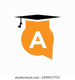 Diseño de logotipo educativo en carta A Concepto con sombrero educativo e icono de chat