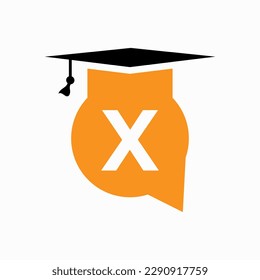 Education Logo Design On Letter X Concept With Education Hat and Chat Icon