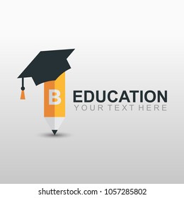 Education logo design with pencil flat icon and graduation hat or bachelor cap