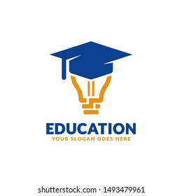 Education logo design template, bulb with graduation cap icon stylized, perfect or educational industry