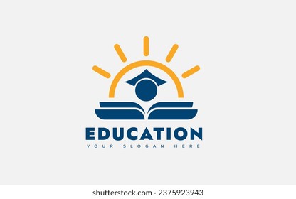 Education Logo Design Template. Concept For Book, Sun, Human Hat. Vector Illustration