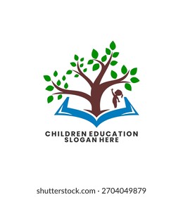 Design-Vorlage für das Bildungslogo. Bäume und Bücher mit Kinderlogo-Design, Vektorgrafik-Vorlage. Vektor-Vorlage für Logo-Design für Kinder