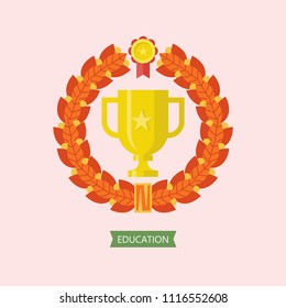 Education logo. Emblem of educational institution, school, College. Vector template. Gold Cup framed by Laurel wreath