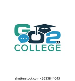 Logotipo educacional com boné de formatura e bolha de bate-papo com texto "Go2 College" para apoio acadêmico ou aconselhamento