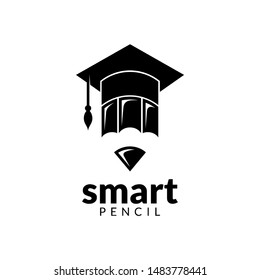 Education Logo, Flat Black and White Style, Pencil with Graduation Cap Vector Illustration