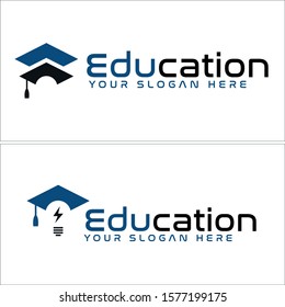 Education logo with graduation cap and lamp lightning blue black vector suitable for online student training teacher