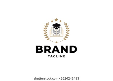 Education logo with graduation cap and open book in luxury gold color classic design style