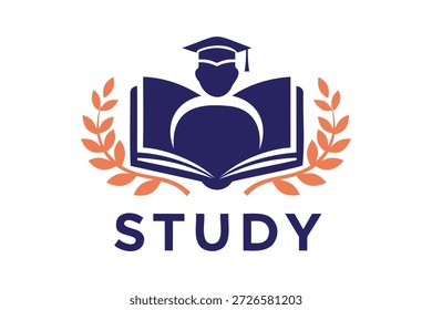  Logotipo de Educación con gorra de graduación, libro abierto y corona de laurel para el éxito académico