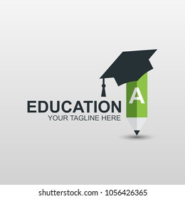 Education logo with graduation hat and pencil flat icon, bachelor cap on green pencil vector design.