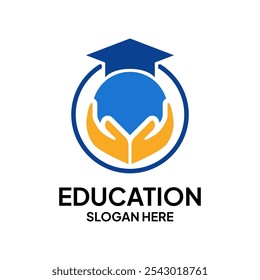 O logotipo da educação com as mãos protegendo o mundo simboliza o compromisso de manter a qualidade da educação