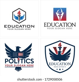 Education logo hexagon shield square shape with icon torch fire wings eagle star line art modern design vector suitable for politic america institution military