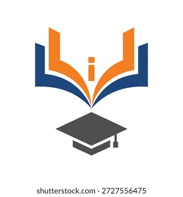Ícone do logotipo de formação educacional. Abra o livro e o símbolo de boné de formatura. Design universitário acadêmico. Ilustração vetorial isolada sobre fundo branco.