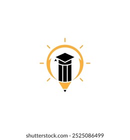 Logotipo de la educación con la bombilla de la idea y el icono del lápiz en diseño plano