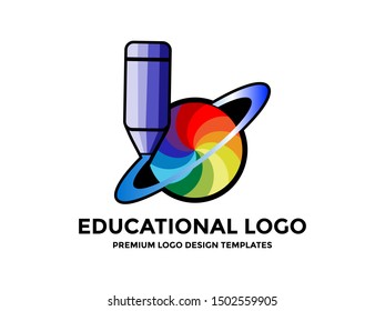 The education logo, incorporating colorful pencil elements, global planets and eyeballs symbolizes the search for all kinds of knowledge without limits.