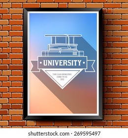 Education logo or label template  with blurred background on brick wall. Vector illustration with thin lines isolated icons for your product or design, web and mobile applications with text stamp.