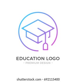 Logo educativo. Cartón, gorro académico cuadrado, icono de sombrero de graduación. Diseño de primera calidad. Estilo lineal de moda. Concepto abstracto. Icono de línea redonda simple aislado en fondo blanco. Logo vectorial moderno