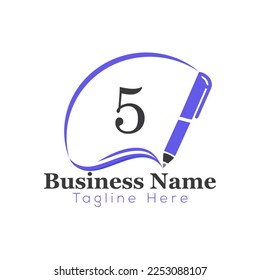 Education Logo On Letter 5 Template. Education On 5 Letter, Initial Pen Sign Concept