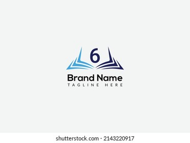 Education Logo On Letter 6 Template. Open Book Logo On 6 Letter, Initial Educational Sign Concept Template