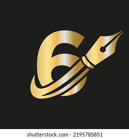 Education Logo on Letter 6 Concept with Pen Nib Vector Template