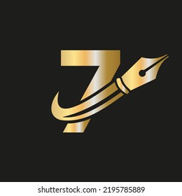 Education Logo on Letter 7 Concept with Pen Nib Vector Template